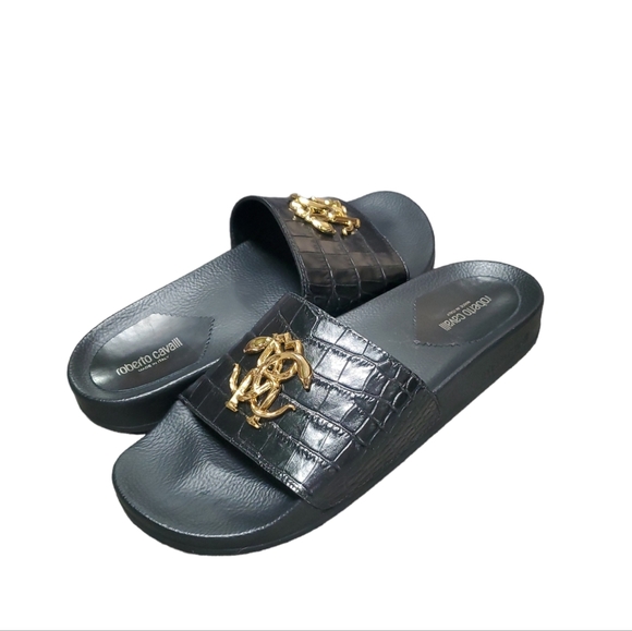 Roberto Cavalli Other - Men's Roberto Cavalli Croc-Embossed Leather Logo Slides Black Size 10.5/43.5 NIB
